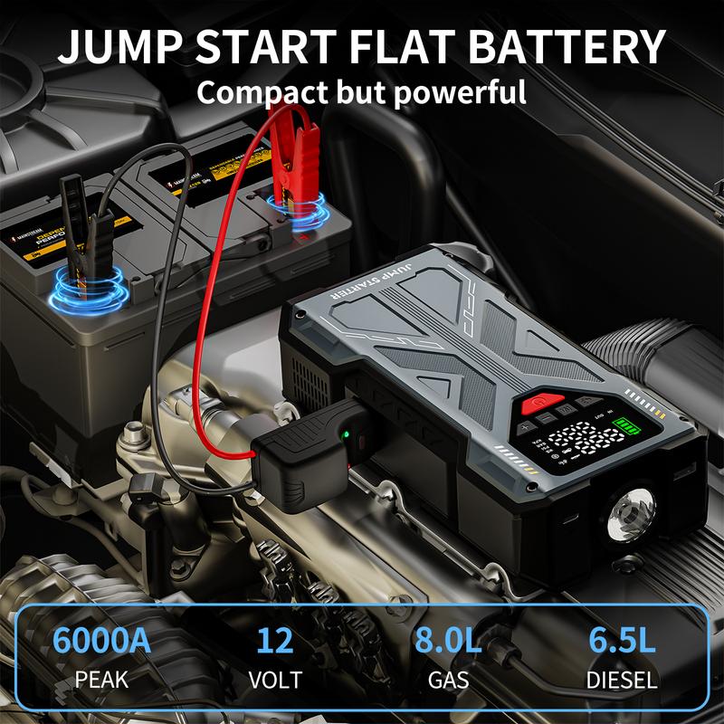 Démarreur de voiture 5 en 1 16 800 mAh / 6 000 A avec compresseur d’air 150 PSI et chargeur de batterie 12 V pour moteurs essence jusqu’à 10,0 L et diesel jusqu’à 8,0 L ; ensemble complet d’accessoires pour véhicule automobile — vignette 2