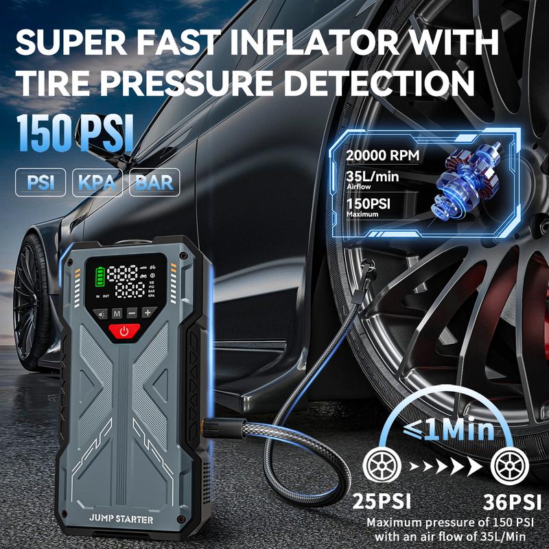 Démarreur de voiture 5 en 1 16 800 mAh / 6 000 A avec compresseur d’air 150 PSI et chargeur de batterie 12 V pour moteurs essence jusqu’à 10,0 L et diesel jusqu’à 8,0 L ; ensemble complet d’accessoires pour véhicule automobile — vignette 3
