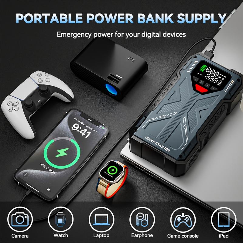 Démarreur de voiture 5 en 1 16 800 mAh / 6 000 A avec compresseur d’air 150 PSI et chargeur de batterie 12 V pour moteurs essence jusqu’à 10,0 L et diesel jusqu’à 8,0 L ; ensemble complet d’accessoires pour véhicule automobile — vignette 4