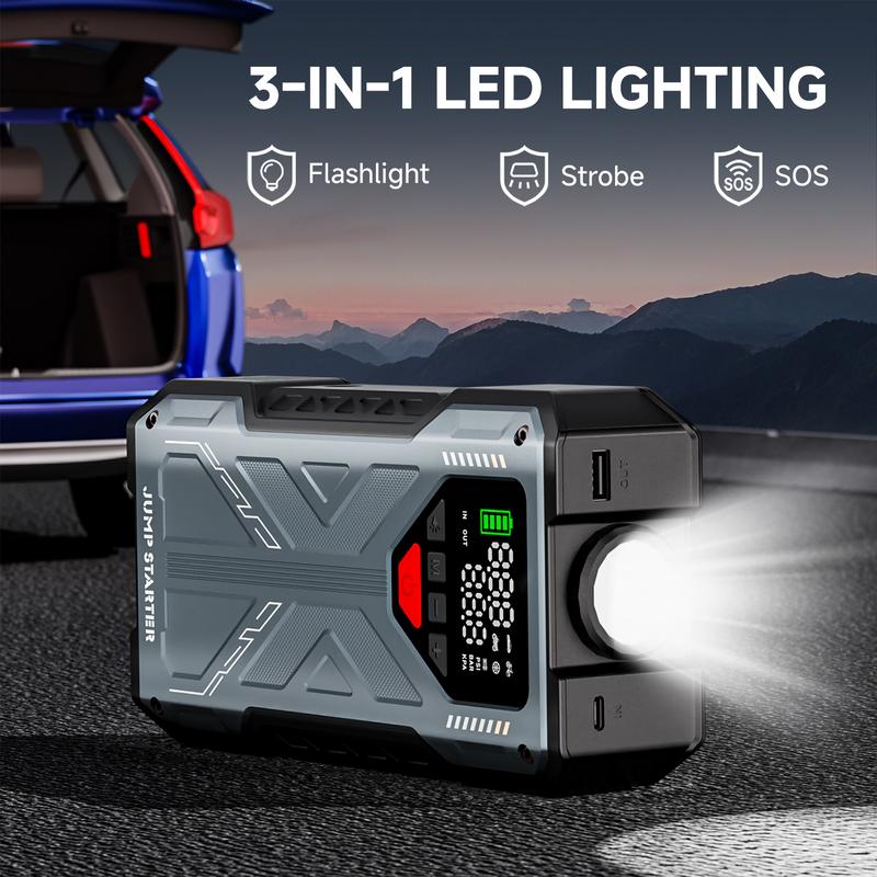 Démarreur de voiture 5 en 1 16 800 mAh / 6 000 A avec compresseur d’air 150 PSI et chargeur de batterie 12 V pour moteurs essence jusqu’à 10,0 L et diesel jusqu’à 8,0 L ; ensemble complet d’accessoires pour véhicule automobile — vignette 5