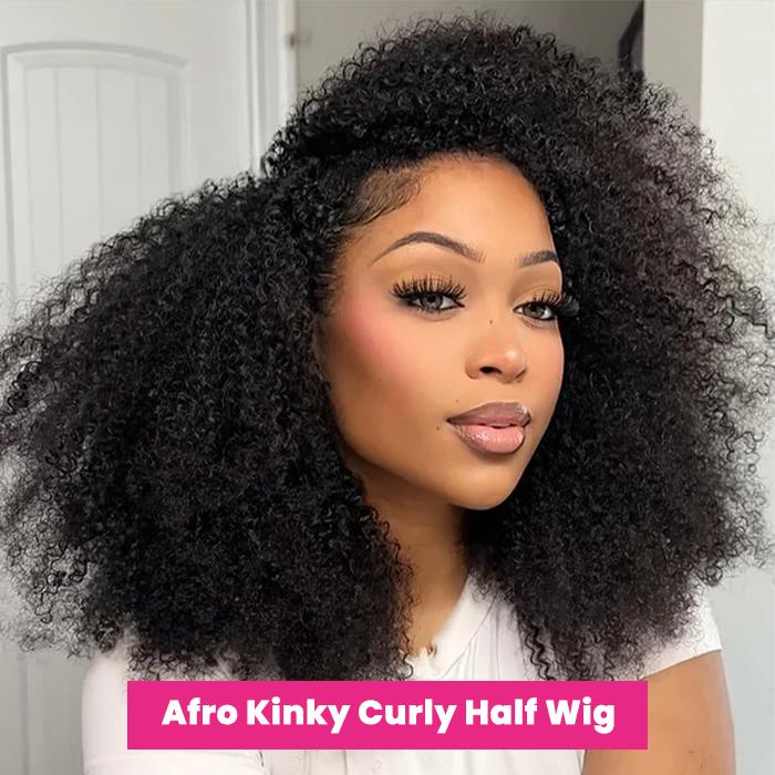 [densité de 200%]MORE FACE Wear Go Half Wig Afro Curly en Cheveux Humains Sans Colle – Ligne Capillaire Invisible, Cordon Ajustable, Retournable, Idéal Débutant, Parfait pour l'Été #BackToSchool #DealDrops — vignette 3