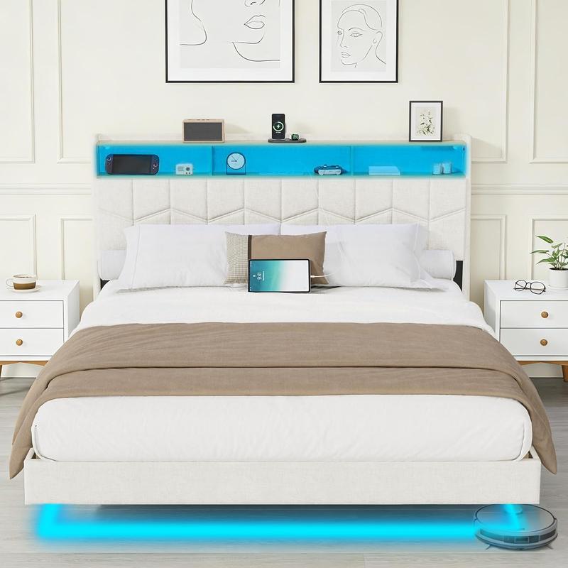 DEWINNER Lit 140x190 140x200 160x200 avec Sommier | Cadre Flottant | Lit Double avec LED Réglable | Multiprise | Sommier à Lattes | Lin Blanc | Idéal pour Chambre Moderne et Confort de Nuit