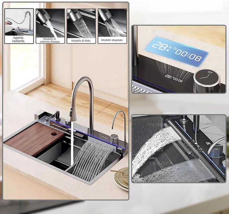 Diese hochwertige Küchenspüle aus Edelstahl mit Wasserfallarmatur ist ideal für anspruchsvolle Küchen. Sie beinhaltet einen Hochdruckreiniger, ein Schneidebrett und eine Abtropffläche und sorgt so für ein besonderes Weihnachtserlebnis in Ihrem Zuhause. — vignette 3