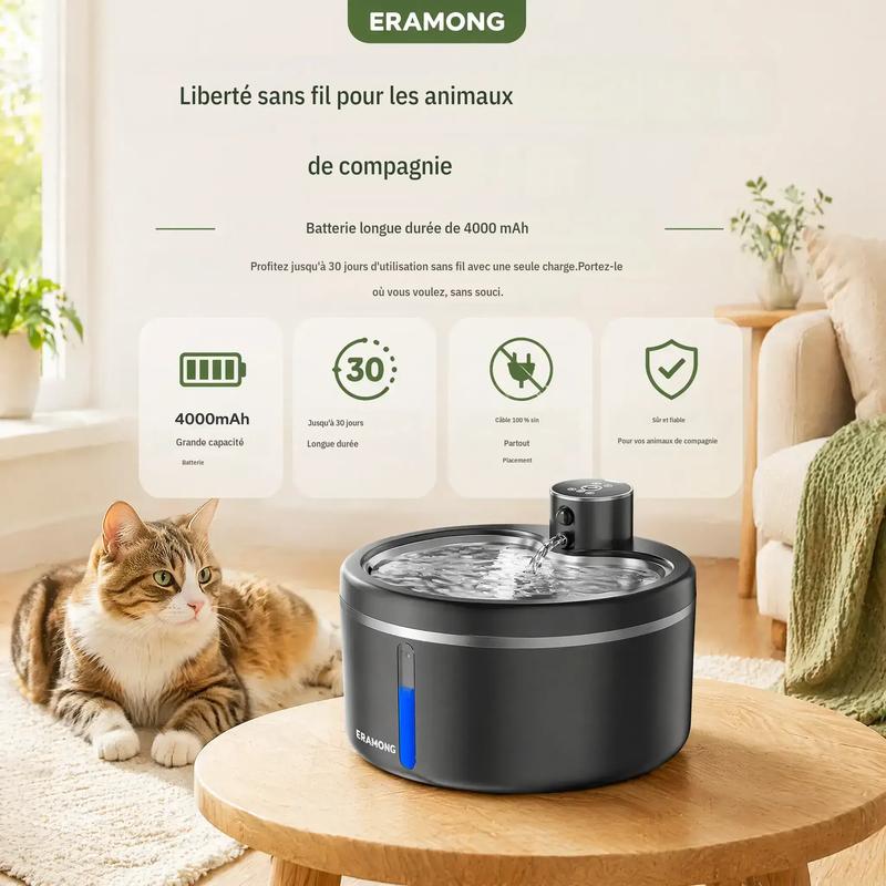 Distributeur d’eau dynamique sans fil intelligent pour chats, ultra silencieux, 2,5 L / 84,54 oz, bol d’eau automatique pour animaux de compagnie équipé d’un système de filtration à quatre couches et d’une double alimentation, pour chats et chiens