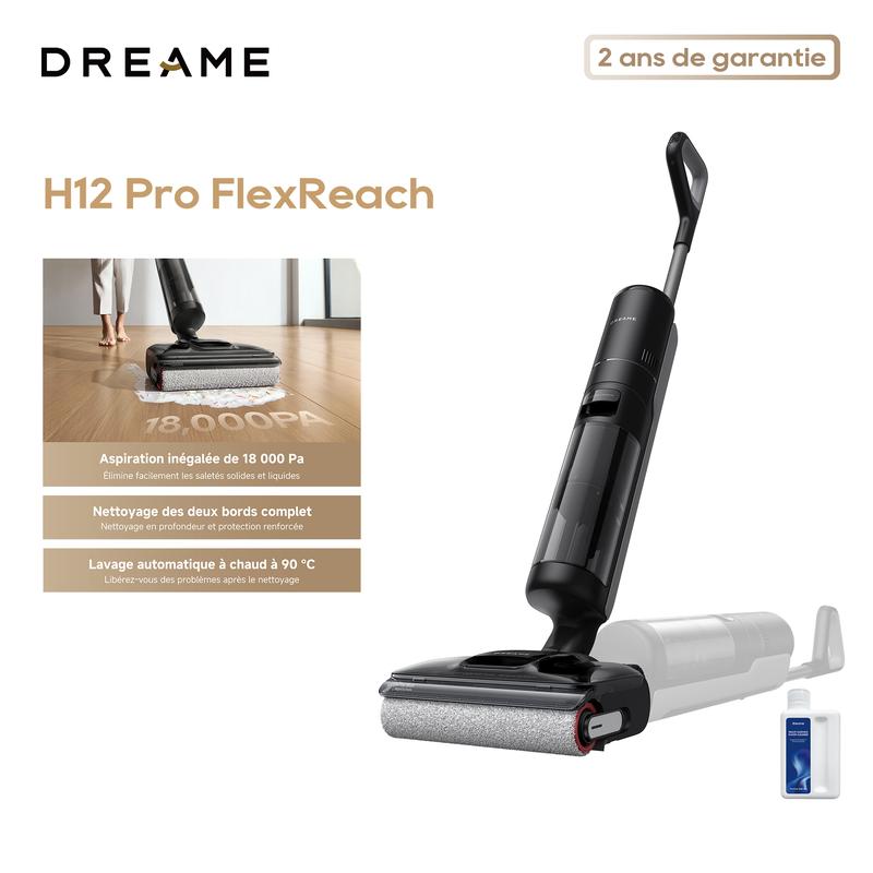 Dreame H12 Pro FlexReach Aspirateur et laveur, portée plate à 180°, séchage en 5 minutes, puissance d’aspiration de 18 000 Pa, lavage à 90 °C, nettoie les deux côtés, jusqu’à 50 minutes de temps de nettoyage