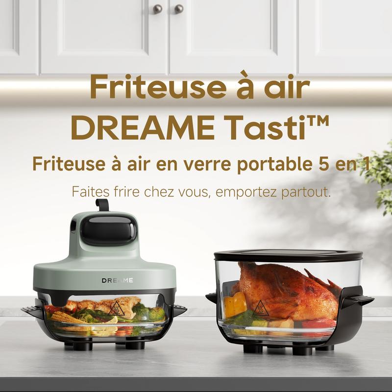 DREAME Tasti Friteuse à Air en Verre Portable, Airfryer 5 en 1, 2 Récipients (2,5 L + 4,5 L), Verre Borosilicate de 6 mm, Air Chaud Circulant en 3D, Compatible Lave Vaisselle, Vue à 360°, Design Amovible