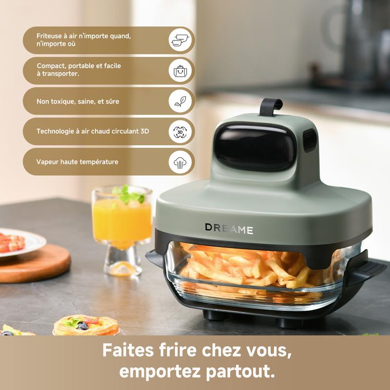 DREAME Tasti Friteuse à Air en Verre Portable, Airfryer 5 en 1, 2 Récipients (2,5 L + 4,5 L), Verre Borosilicate de 6 mm, Air Chaud Circulant en 3D, Compatible Lave Vaisselle, Vue à 360°, Design Amovible — vignette 3