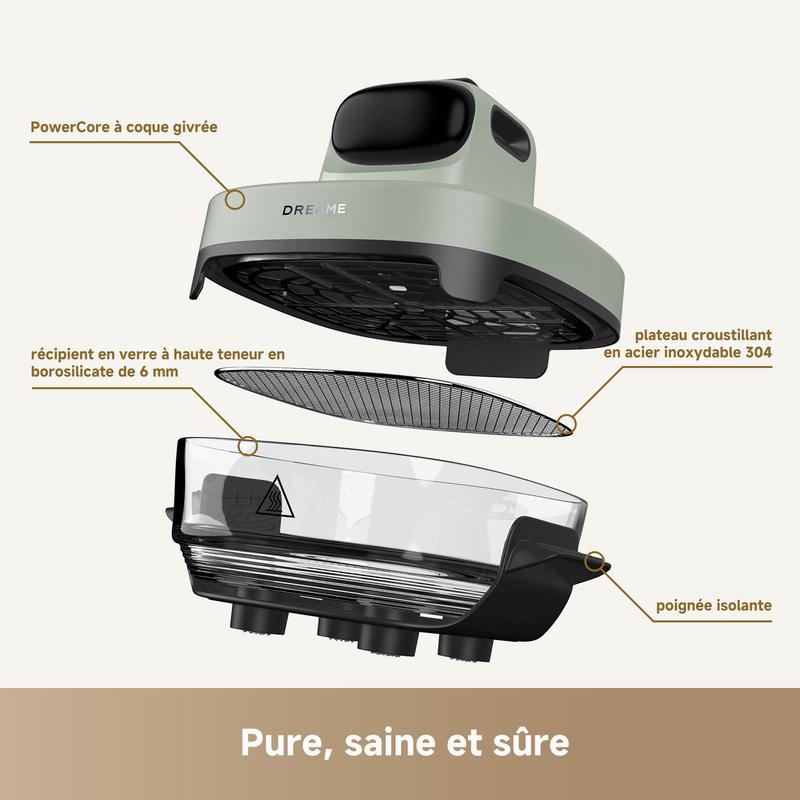 DREAME Tasti Friteuse à Air en Verre Portable, Airfryer 5 en 1, 2 Récipients (2,5 L + 4,5 L), Verre Borosilicate de 6 mm, Air Chaud Circulant en 3D, Compatible Lave Vaisselle, Vue à 360°, Design Amovible — vignette 7