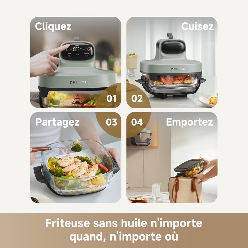 DREAME Tasti Friteuse à Air en Verre Portable, Airfryer 5 en 1, 2 Récipients (2,5 L + 4,5 L), Verre Borosilicate de 6 mm, Air Chaud Circulant en 3D, Compatible Lave Vaisselle, Vue à 360°, Design Amovible — vignette 8