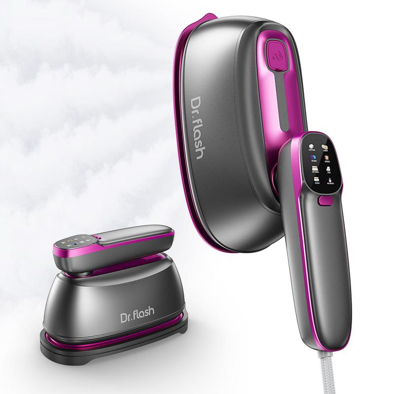 DRFLASH fer à repasser vapeur 2‑en‑1 / fer à repasser vapeur sur pied, chauffage rapide de 1500 W, réservoir d’eau de 245 ml, outil portable anti‑rides, convient pour la maison, les voyages et le bureau, grand plateau de repassage, design léger.