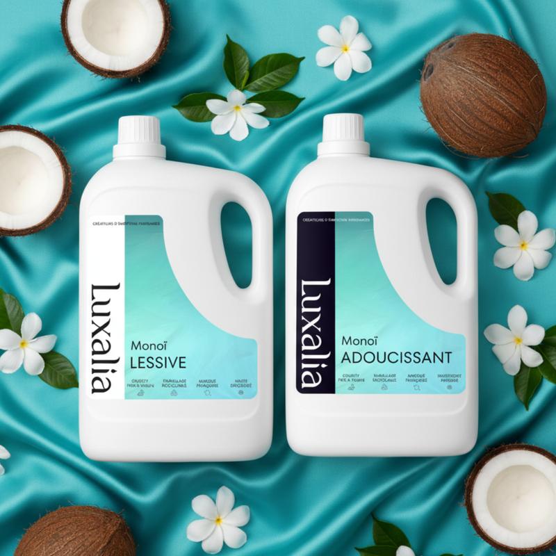 Duo Monoï 10 Litres | Sans Pictogrammes, Ni Conservateurs MIT, BIT, CMIT | 5 Litres Lessive + 5 Litres Adoucissant = 10 Litres | LUXALIA
