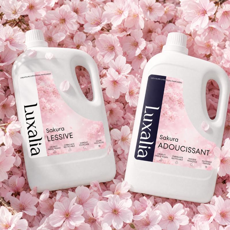 Duo Sakura 10 Litres | Fleur de Cerisier & Lait de Riz | Sans Pictogrammes & Sans Conservateurs MIT, BIT, CMIT | 5 Litres Lessive + 5 Litres Adoucissant = 10 Litres | LUXALIA