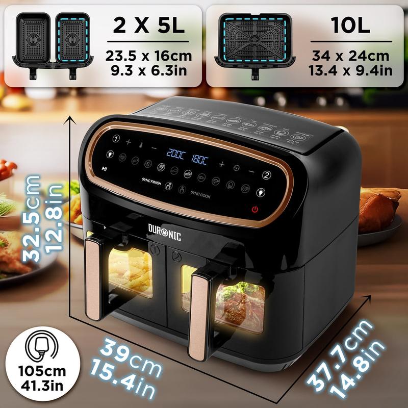Duronic AF34 BG Set Friteuse à Air avec 1 grand tiroir de 10L et 2 petits tiroirs de 5L inclus | 10 Programmes de Cuisson Préréglés | Sans huile | Fonctions Sync Cook Sync Finish — vignette 2
