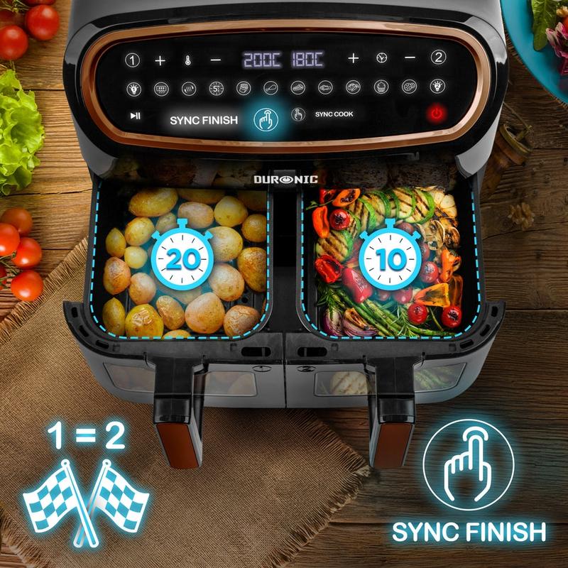 Duronic AF34 BG Set Friteuse à Air avec 1 grand tiroir de 10L et 2 petits tiroirs de 5L inclus | 10 Programmes de Cuisson Préréglés | Sans huile | Fonctions Sync Cook Sync Finish — vignette 4