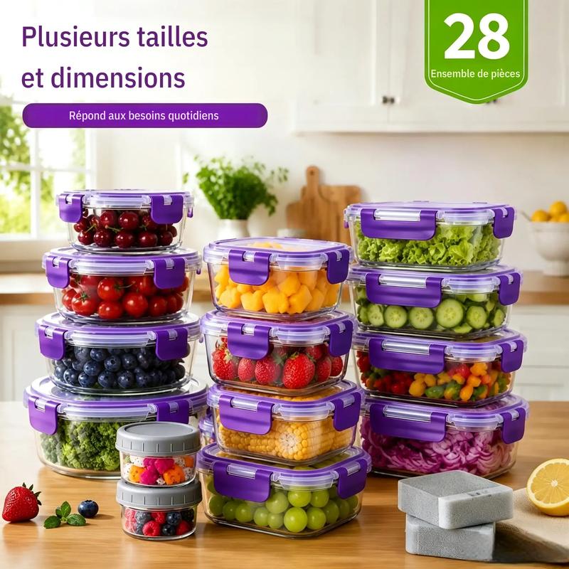 Ensemble de rangement en verre 16 pièces | 12 récipients alimentaires en verre avec couvercles + 2 pots à épices + 2 éponges de nettoyage, sans BPA, adaptés au micro-ondes, au lave-vaisselle et au congélateur