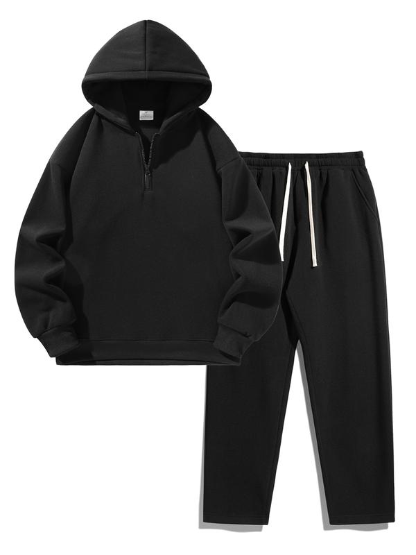 Ensemble de survêtement uni pour homme, deux pièces ou trois pièces : sweat à demi‑zip avec épaules tombantes, coupe classique, et pantalon de survêtement avec poches et cordon de serrage ; vêtements pour homme — vignette 2