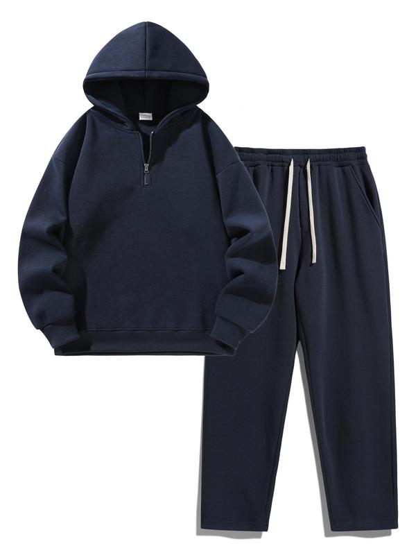 Ensemble de survêtement uni pour homme, deux pièces ou trois pièces : sweat à demi‑zip avec épaules tombantes, coupe classique, et pantalon de survêtement avec poches et cordon de serrage ; vêtements pour homme — vignette 3