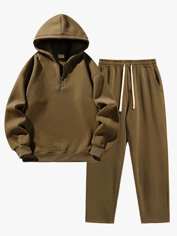 Ensemble de survêtement uni pour homme, deux pièces ou trois pièces : sweat à demi‑zip avec épaules tombantes, coupe classique, et pantalon de survêtement avec poches et cordon de serrage ; vêtements pour homme — vignette 4