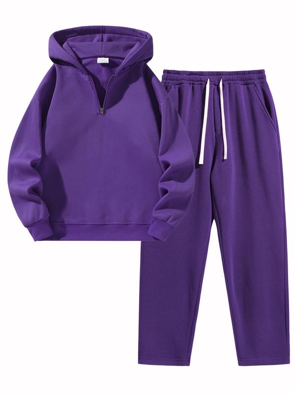 Ensemble de survêtement uni pour homme, deux pièces ou trois pièces : sweat à demi‑zip avec épaules tombantes, coupe classique, et pantalon de survêtement avec poches et cordon de serrage ; vêtements pour homme — vignette 6