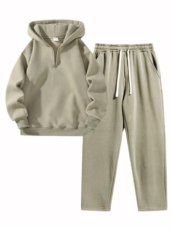 Ensemble de survêtement uni pour homme, deux pièces ou trois pièces : sweat à demi‑zip avec épaules tombantes, coupe classique, et pantalon de survêtement avec poches et cordon de serrage ; vêtements pour homme — vignette 7