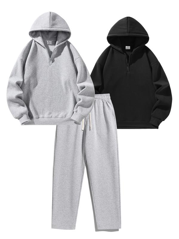 Ensemble de survêtement uni pour homme, deux pièces ou trois pièces : sweat à demi‑zip avec épaules tombantes, coupe classique, et pantalon de survêtement avec poches et cordon de serrage ; vêtements pour homme — vignette 9