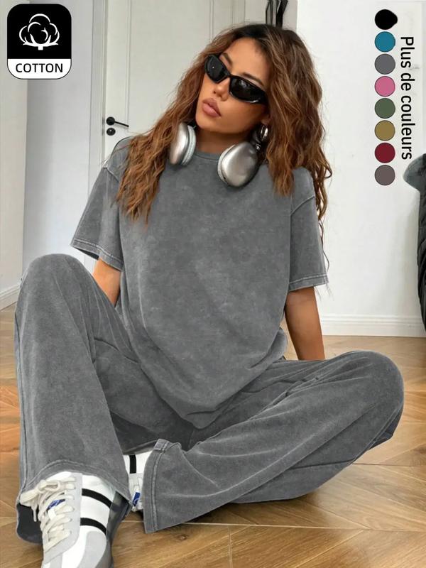 Ensemble deux pièces pour femme, décontracté et sportif, effet lavage acide vintage, en coton, style streetwear : T-shirt ample à col rond et manches courtes + pantalon à jambes larges