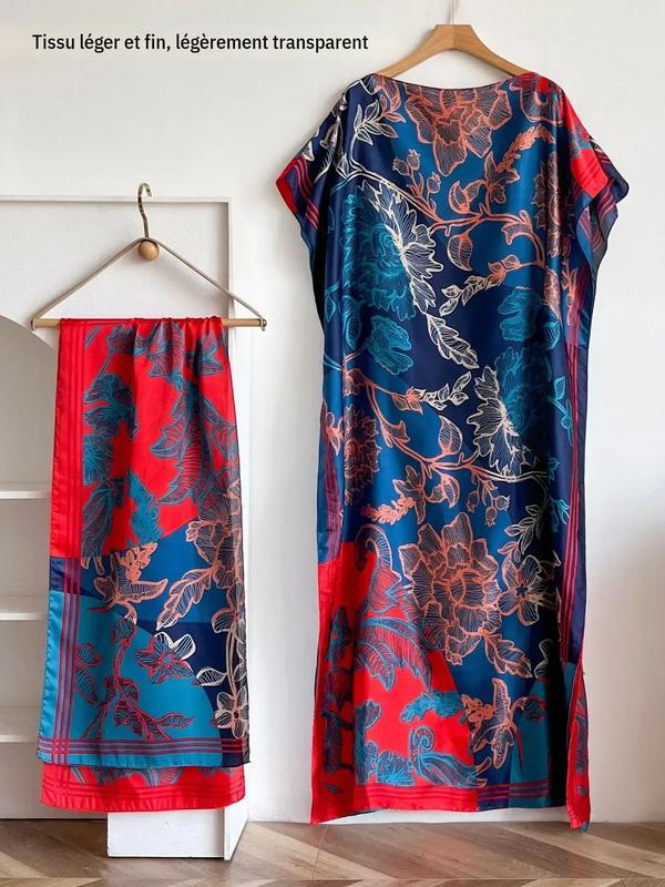 Ensemble robe longue à imprimé floral et écharpe pour femme, ensemble robe avec châle bohème décontractée et écharpe pour les vacances à la plage, vêtements pour femmes toutes saisons