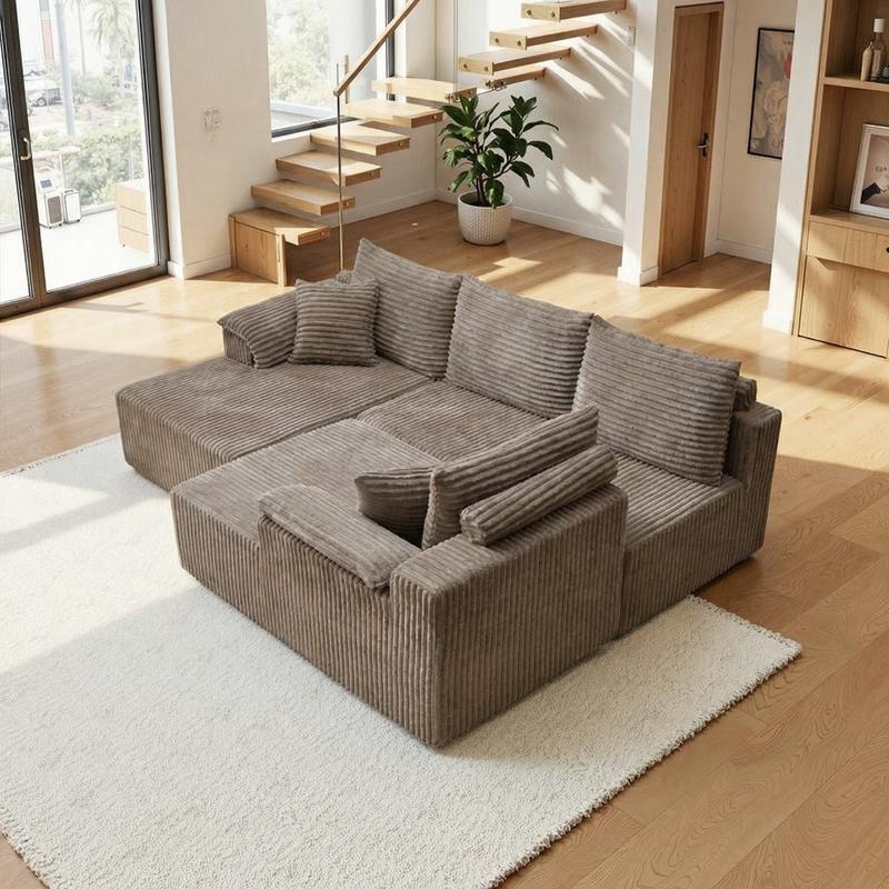 Expédition de 3 colis : canapé en forme de U de 132", canapé modulaire et composable, canapé lounge avec deux dossiers inclinables, canapé sans rembourrage, canapé en velours côtelé doux pour le salon, canapé comprimé sans installation — vignette 2