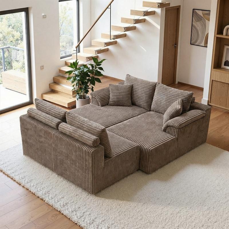 Expédition de 3 colis : canapé en forme de U de 132", canapé modulaire et composable, canapé lounge avec deux dossiers inclinables, canapé sans rembourrage, canapé en velours côtelé doux pour le salon, canapé comprimé sans installation — vignette 3