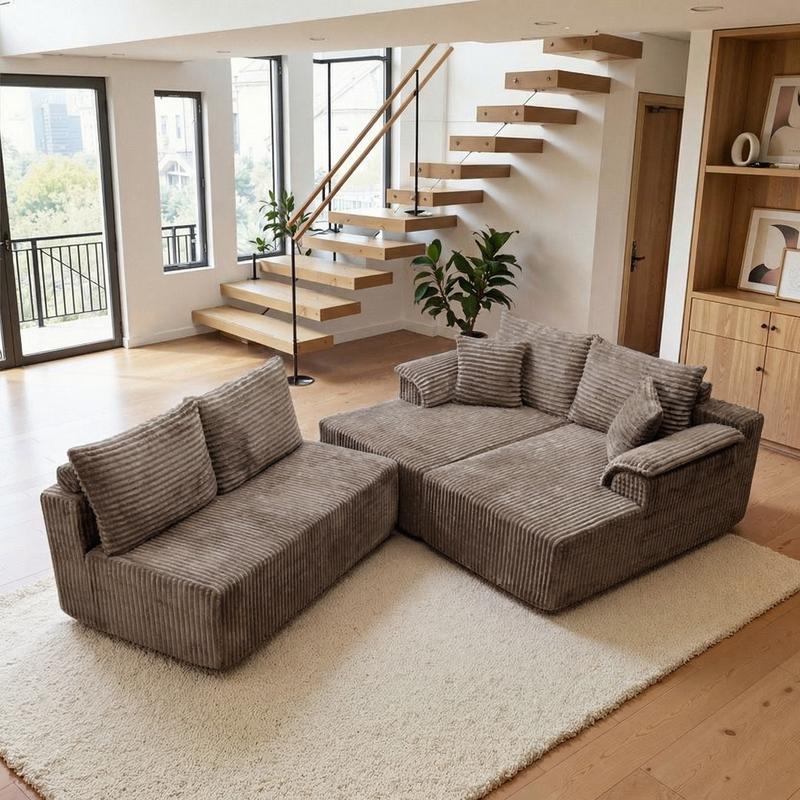 Expédition de 3 colis : canapé en forme de U de 132", canapé modulaire et composable, canapé lounge avec deux dossiers inclinables, canapé sans rembourrage, canapé en velours côtelé doux pour le salon, canapé comprimé sans installation — vignette 4