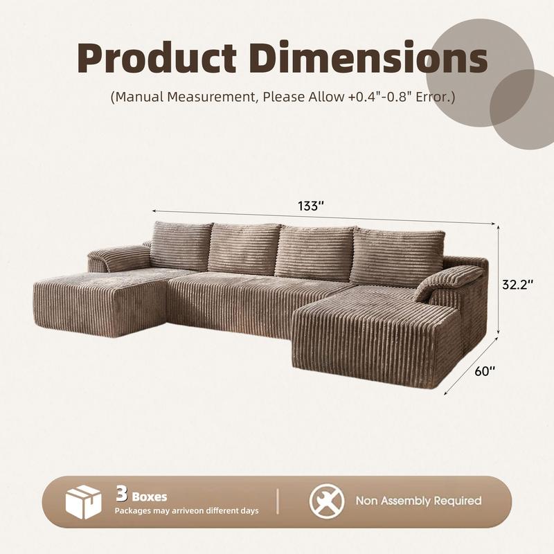 Expédition de 3 colis : canapé en forme de U de 132", canapé modulaire et composable, canapé lounge avec deux dossiers inclinables, canapé sans rembourrage, canapé en velours côtelé doux pour le salon, canapé comprimé sans installation — vignette 9