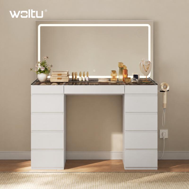 Expédition en 2 colis: coiffeuse WOLTU avec éclairage, prise et miroir, table de maquillage avec 9 tiroirs, 2 armoires avec étagères réglables, plateau en verre trempé, pour chambre, blanc