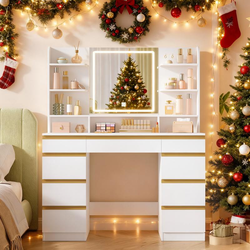 [Expédition en 2 colis] Hzuaneri grand meuble de maquillage avec éclairage LED, 3 couleurs, luminosité réglable, meuble de maquillage avec miroir, 9 tiroirs, 9 étagères ouvertes, style moderne