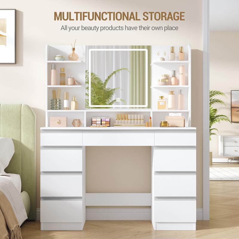 [Expédition en 2 colis] Hzuaneri grand meuble de maquillage avec éclairage LED, 3 couleurs, luminosité réglable, meuble de maquillage avec miroir, 9 tiroirs, 9 étagères ouvertes, style moderne — vignette 2