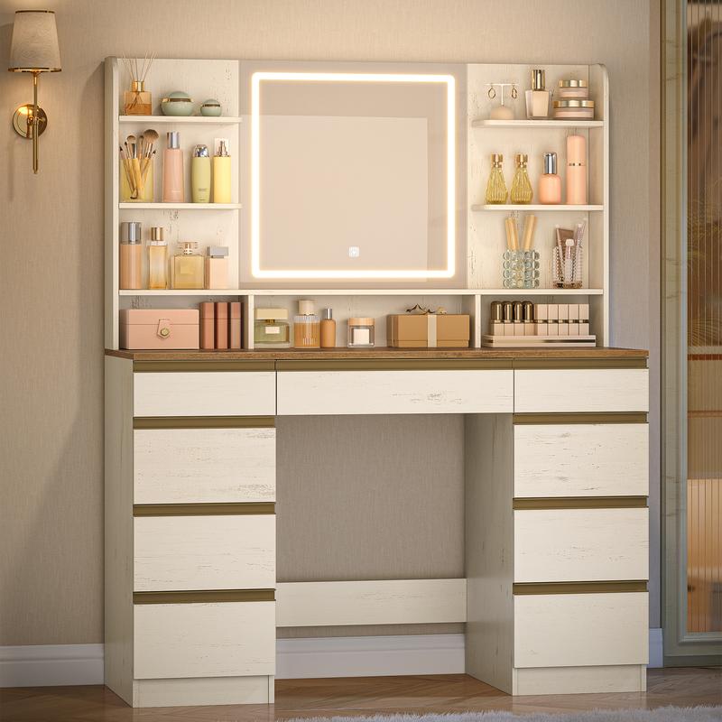 [Expédition en 2 colis] Hzuaneri grand meuble de maquillage avec éclairage LED, 3 couleurs, luminosité réglable, meuble de maquillage avec miroir, 9 tiroirs, 9 étagères ouvertes, style moderne — vignette 4