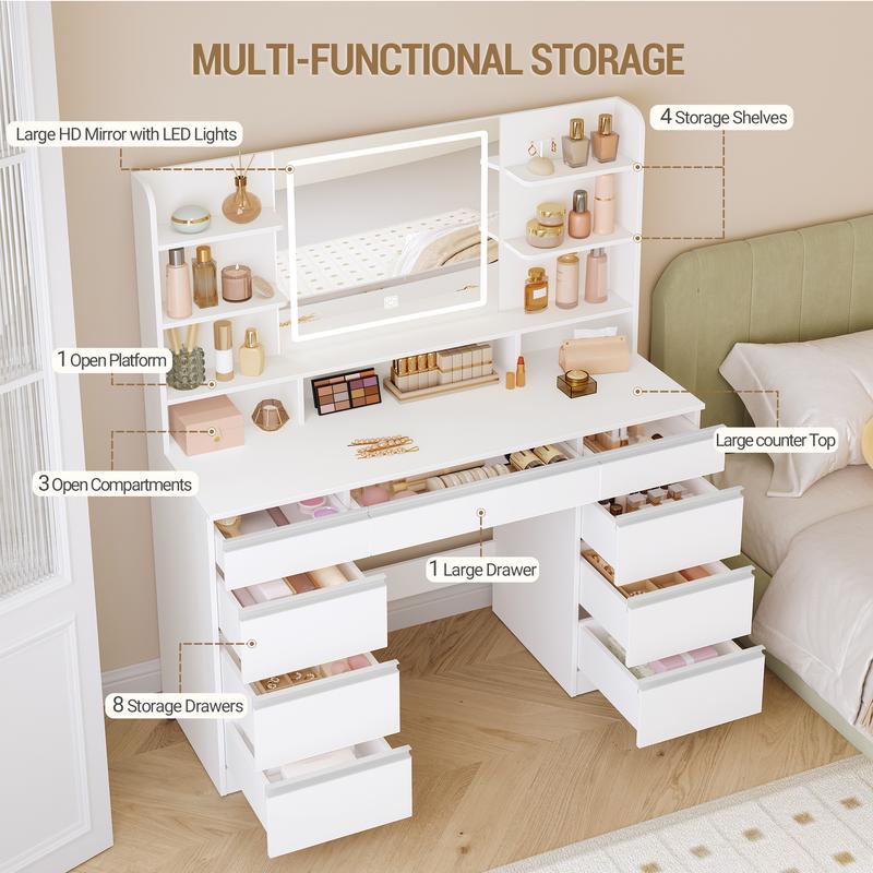 [Expédition en 2 colis] Hzuaneri grand meuble de maquillage avec éclairage LED, 3 couleurs, luminosité réglable, meuble de maquillage avec miroir, 9 tiroirs, 9 étagères ouvertes, style moderne — vignette 5