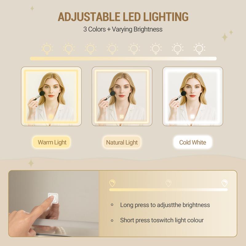 [Expédition en 2 colis] Hzuaneri grand meuble de maquillage avec éclairage LED, 3 couleurs, luminosité réglable, meuble de maquillage avec miroir, 9 tiroirs, 9 étagères ouvertes, style moderne — vignette 7