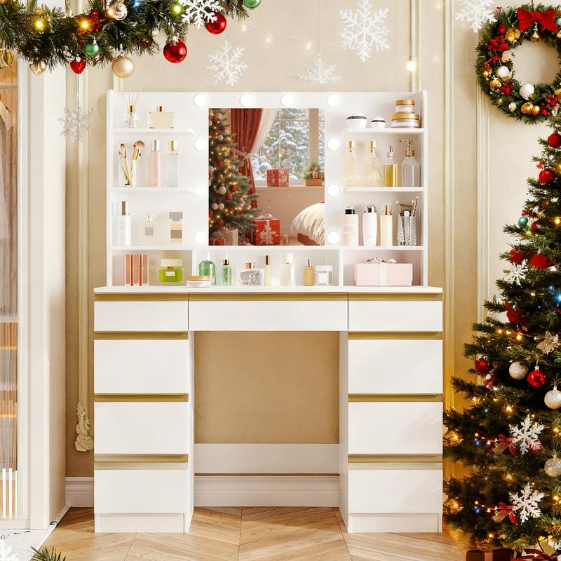 [Expédition en 2 colis] Hzuaneri grand meuble à maquillage avec éclairage LED, 10 sphères lumineuses LED, 3 couleurs, luminosité réglable, meuble à maquillage avec miroir, 9 tiroirs, 9 étagères ouvertes, style moderne