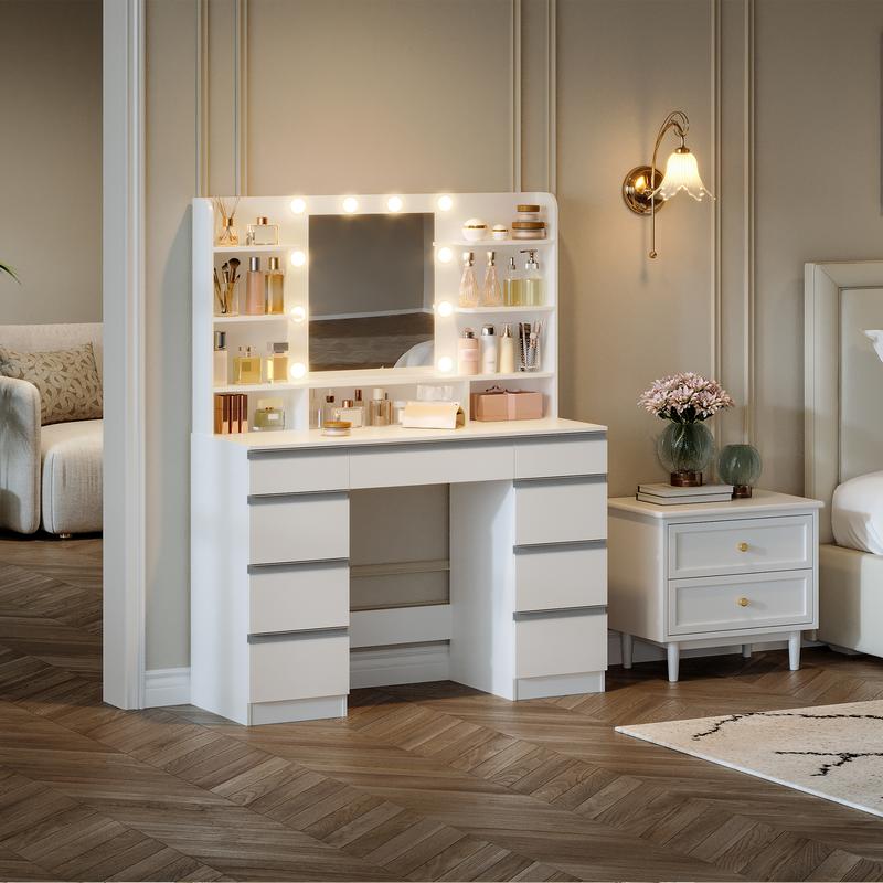 [Expédition en 2 colis] Hzuaneri grand meuble à maquillage avec éclairage LED, 10 sphères lumineuses LED, 3 couleurs, luminosité réglable, meuble à maquillage avec miroir, 9 tiroirs, 9 étagères ouvertes, style moderne — vignette 5