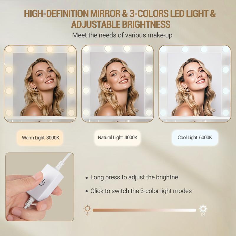 [Expédition en 2 colis] Hzuaneri grand meuble à maquillage avec éclairage LED, 10 sphères lumineuses LED, 3 couleurs, luminosité réglable, meuble à maquillage avec miroir, 9 tiroirs, 9 étagères ouvertes, style moderne — vignette 7