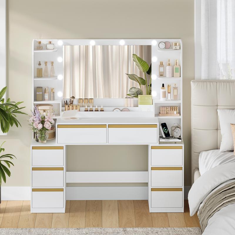 [Expédition en 2 colis] Meuble de maquillage Hzuaneri avec grand miroir, coiffeuse et support pour sèche‑cheveux, 8 tiroirs, compartiments ouverts, meuble de maquillage moderne — vignette 2