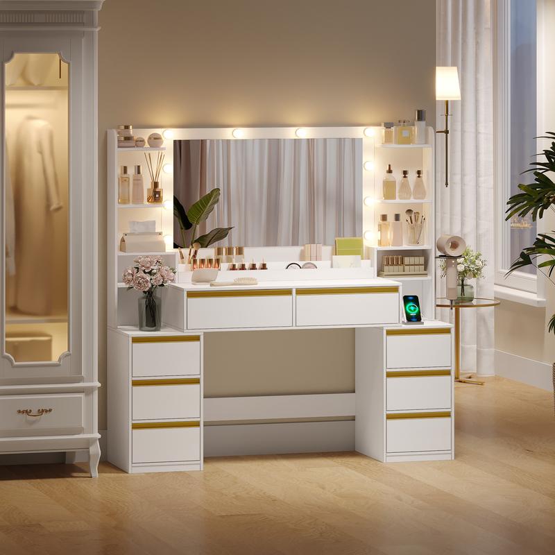 [Expédition en 2 colis] Meuble de maquillage Hzuaneri avec grand miroir, coiffeuse et support pour sèche‑cheveux, 8 tiroirs, compartiments ouverts, meuble de maquillage moderne — vignette 4