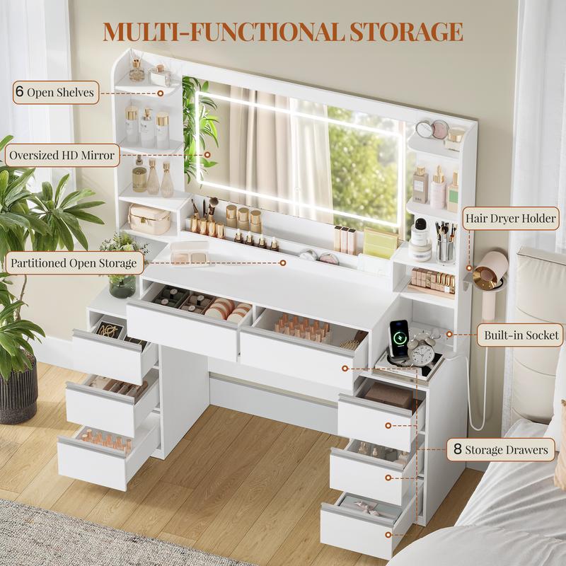 [Expédition en 2 colis] Meuble de maquillage Hzuaneri avec grand miroir, coiffeuse et support pour sèche‑cheveux, 8 tiroirs, compartiments ouverts, meuble de maquillage moderne — vignette 5