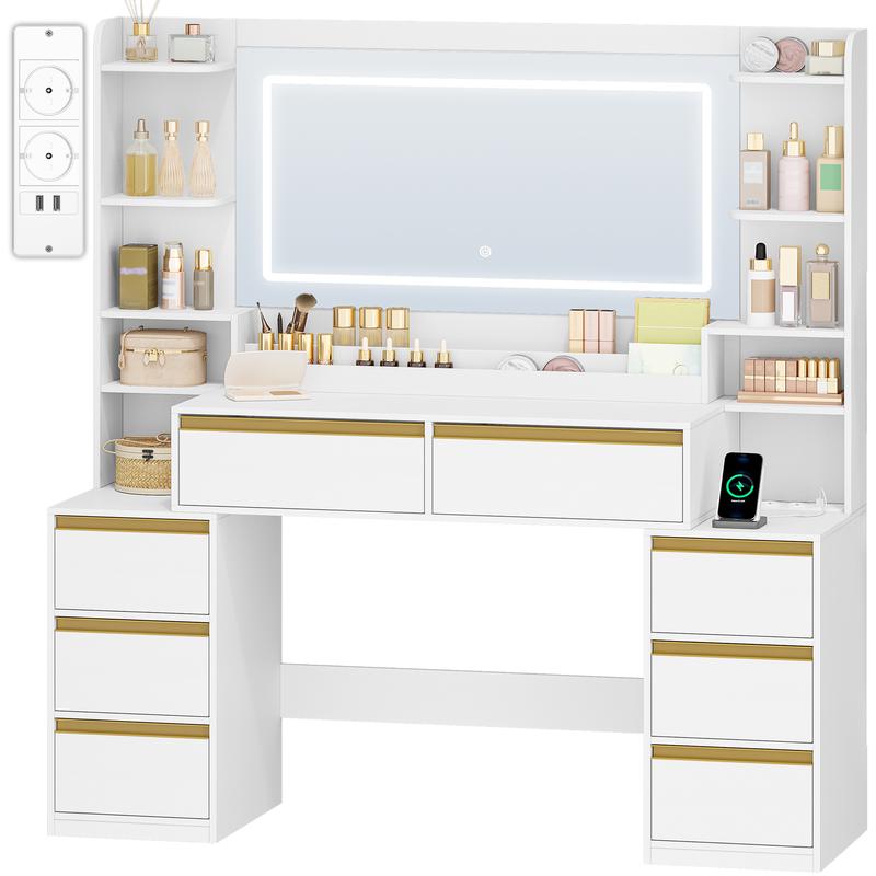 [Expédition en 2 colis] Meuble de maquillage Hzuaneri avec grand miroir, coiffeuse et support pour sèche‑cheveux, 8 tiroirs, compartiments ouverts, meuble de maquillage moderne — vignette 8