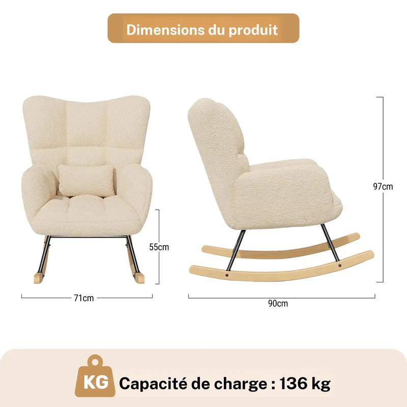 Fauteuil balancier en laine d’agneau, à dossier haut et accoudoirs, rembourré, supporte jusqu’à 136 kg, un fauteuil balancier stable et confortable pour le salon, la chambre et le balcon. — vignette 4