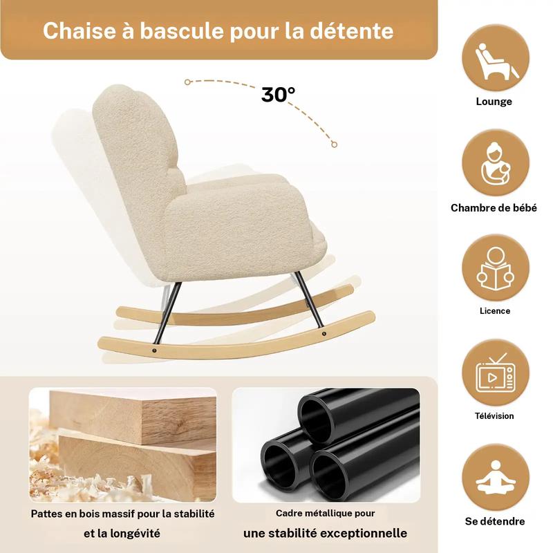 Fauteuil balancier en laine d’agneau, à dossier haut et accoudoirs, rembourré, supporte jusqu’à 136 kg, un fauteuil balancier stable et confortable pour le salon, la chambre et le balcon. — vignette 7