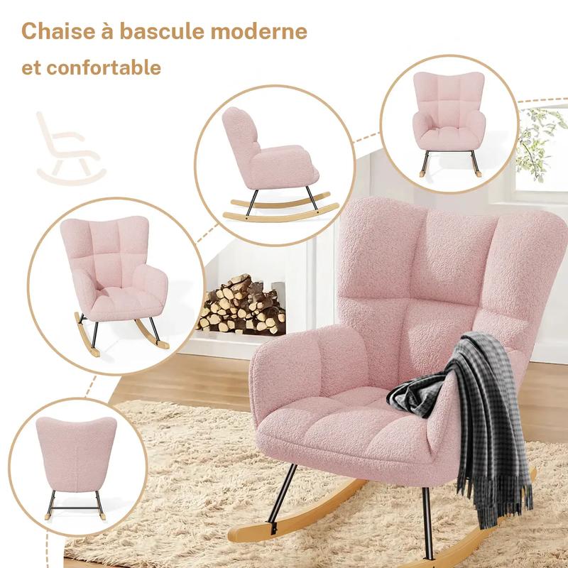 Fauteuil balancier en laine d’agneau, à dossier haut et accoudoirs, rembourré, supporte jusqu’à 136 kg, un fauteuil balancier stable et confortable pour le salon, la chambre et le balcon. — vignette 9