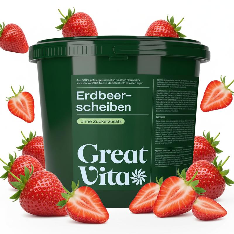 Fraises lyophilisées · Tranches de fraise croustillantes · sans sucres ajoutés · Fruits lyophilisés · Fraises lyophilisées - GreatVita