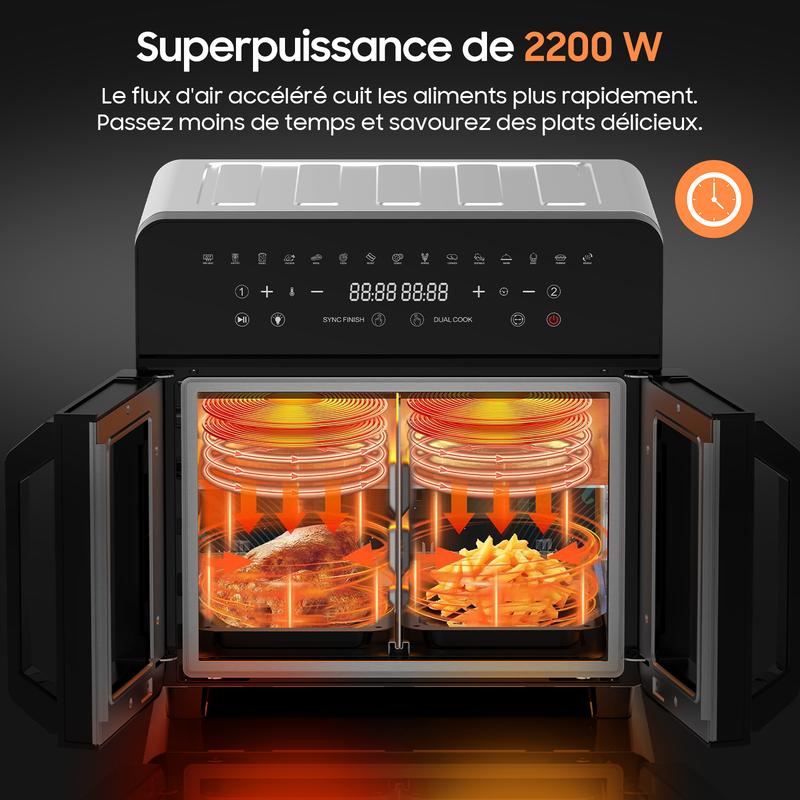 Friteuse à air XXL 23 L avec double porte et fenêtre d’observation | Friteuse à air 2 zones 2200 W avec plaque de séparation amovible, 15 programmes, four électrique intelligent, écran tactile LED, broche rotative, 12 accessoires — vignette 3