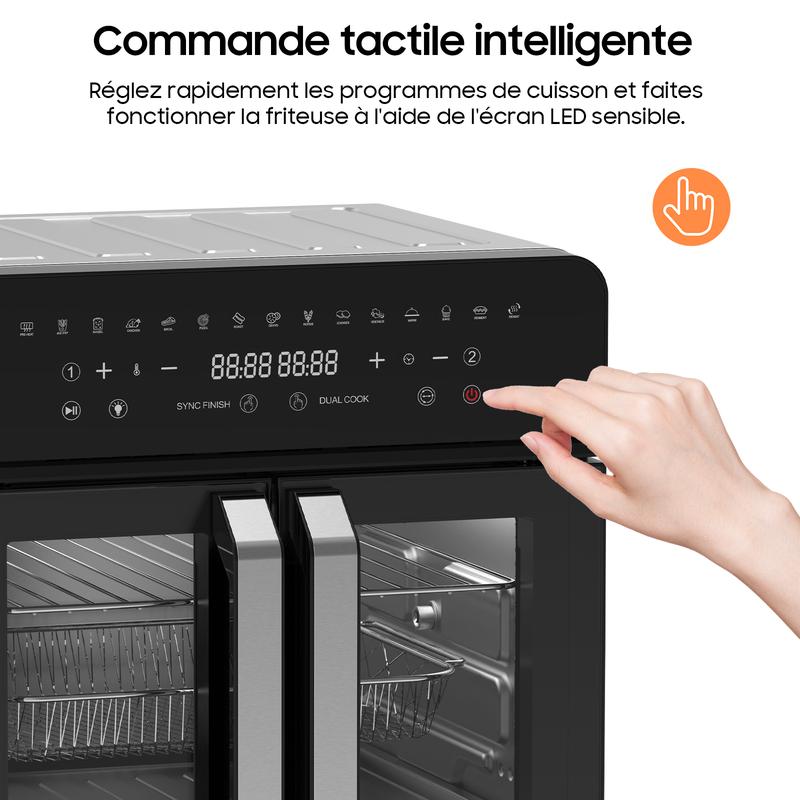 Friteuse à air XXL 23 L avec double porte et fenêtre d’observation | Friteuse à air 2 zones 2200 W avec plaque de séparation amovible, 15 programmes, four électrique intelligent, écran tactile LED, broche rotative, 12 accessoires — vignette 4